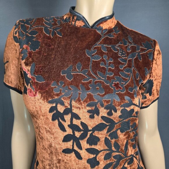 Vintage 90s Brown Floral Velvet Maxi Dress Size 8 Asian Cocktail Gothic Vampy - Picture 2 of 13